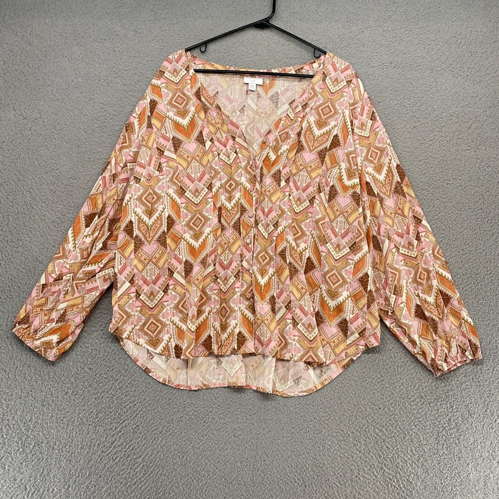 J. Jill Top Womens‎ 2X Boho Pintucked Button Up Flowy Aztec Earthy Geometric